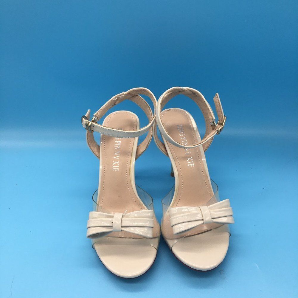 Beige Women Bowknot Open Toe Mid Heel Ankle Strap Sandals